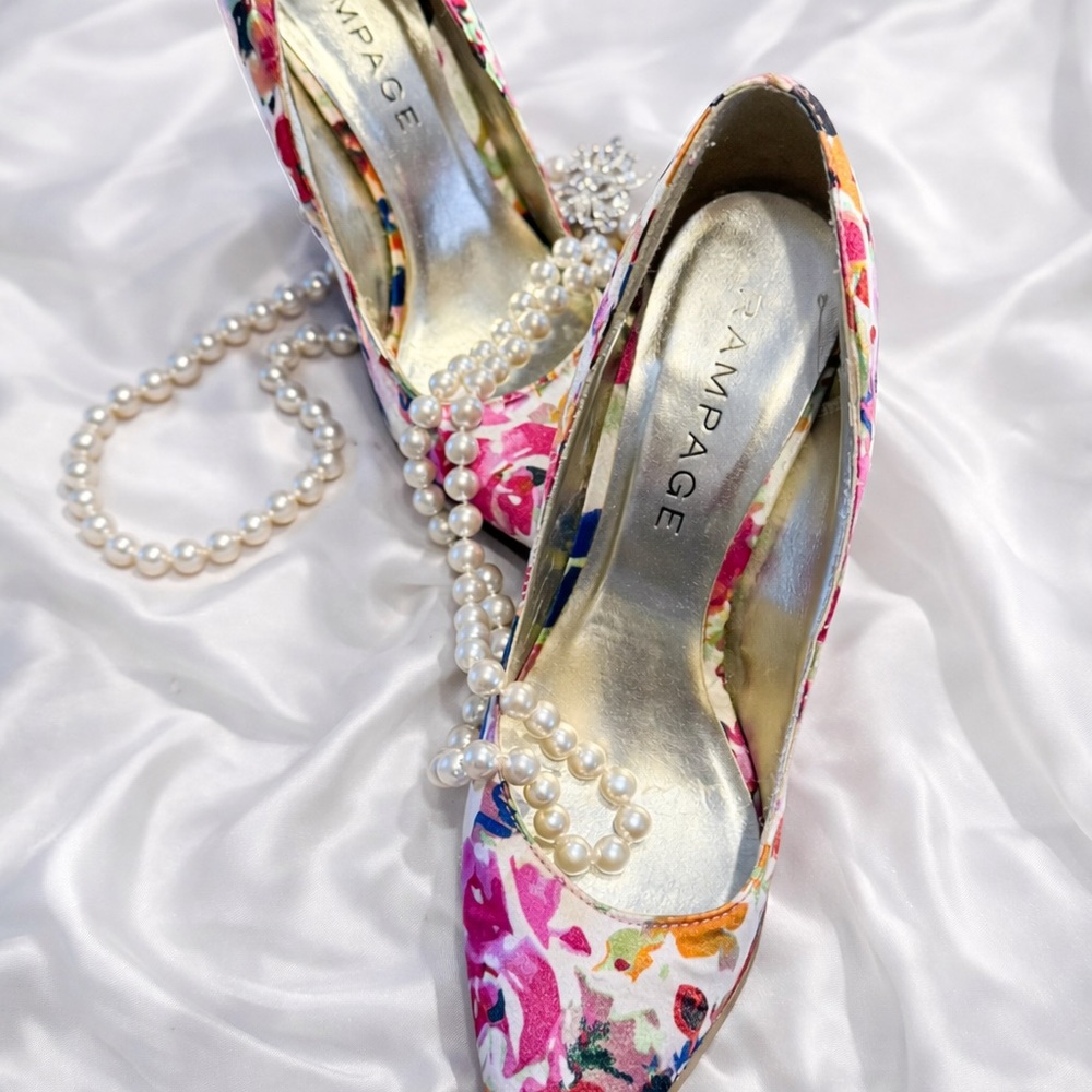 Rampage Floral Pointed Pumps in Pink, Blue & Orange